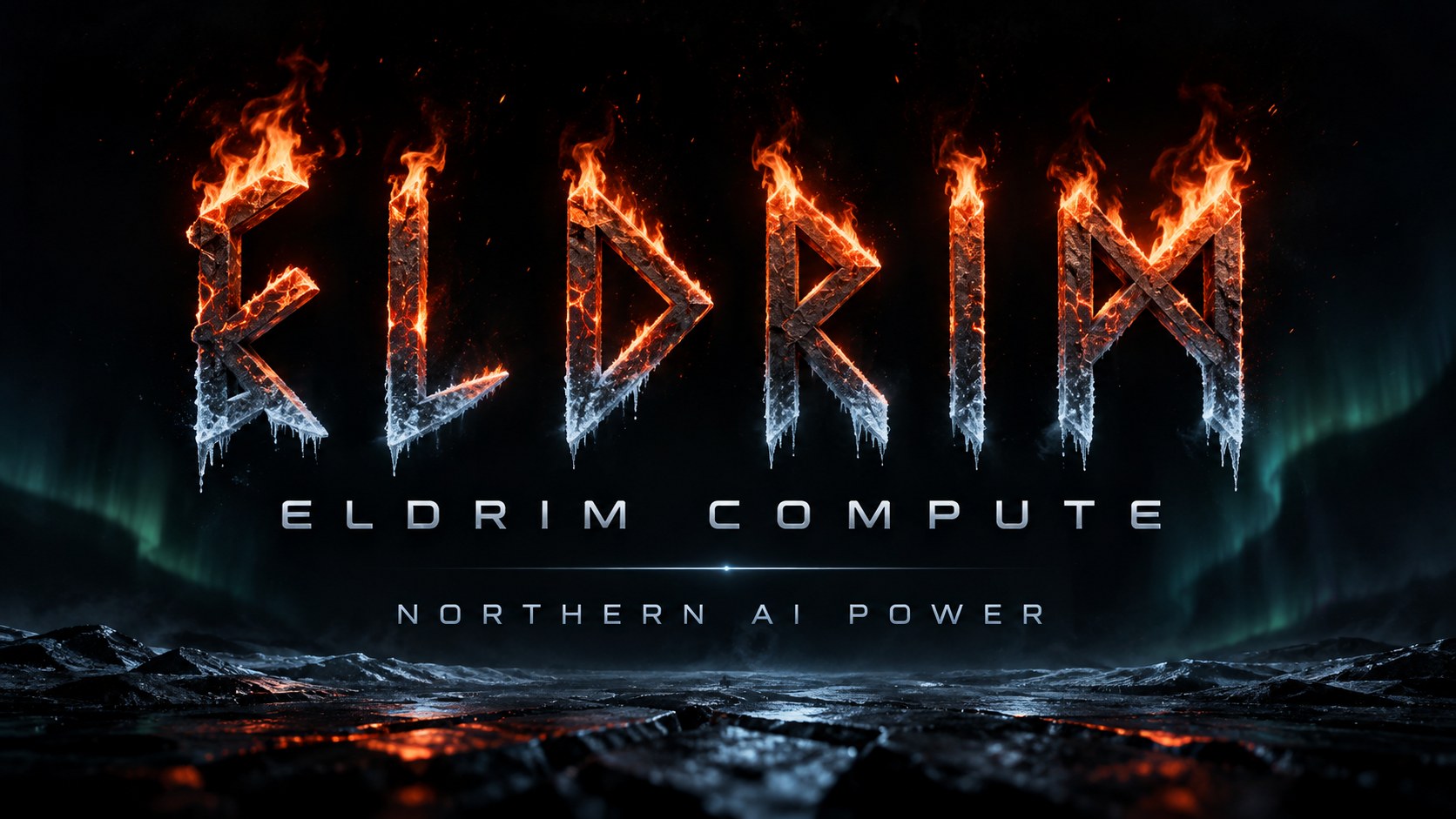 Eldrim written in runes of fire and ice above the words Eldrim Compute, Northern AI power, over a frozen landscape with northern lights