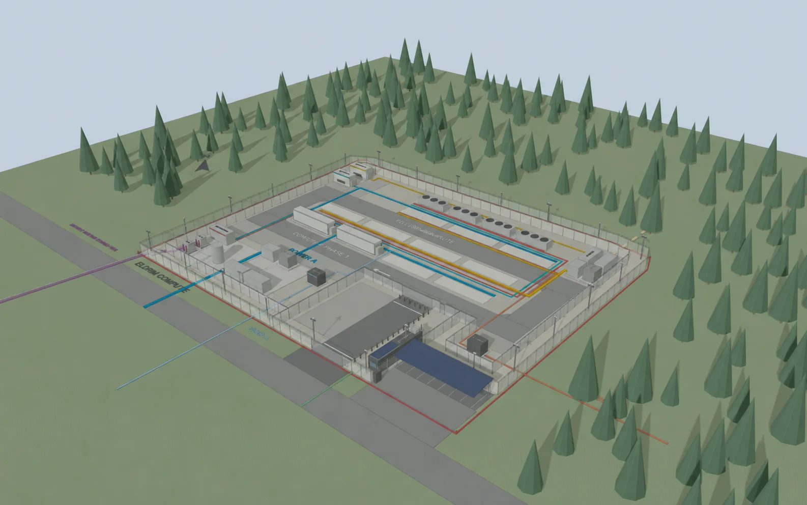 Concept model of a modular compute site, with container rows, service areas and coloured utility routes